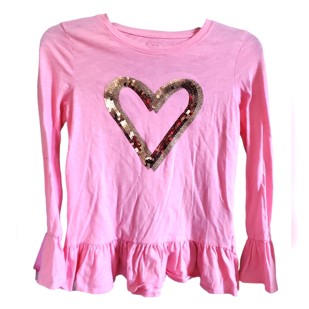 Cat & Jack Girls Pink Long sleeve shirt with Gold glitter sequins heart, L 10/12